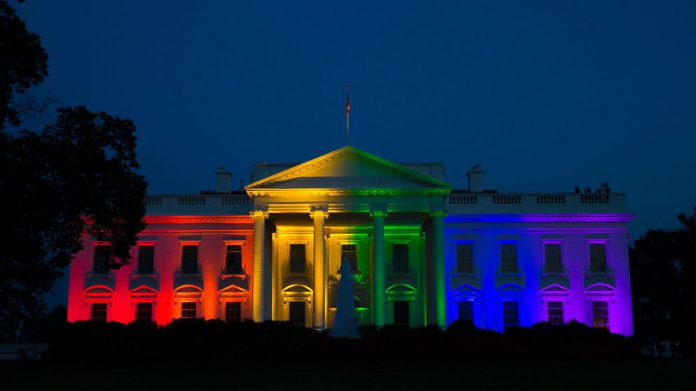 The White House, lit with rainbow-colored lights, to celebrate the Supreme Court ruling recognizing gay marriage as legal everywhere in America.