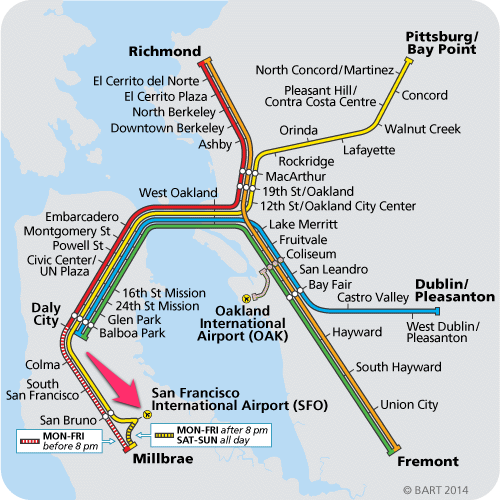 A map of the Bay Area, showing the BART system.