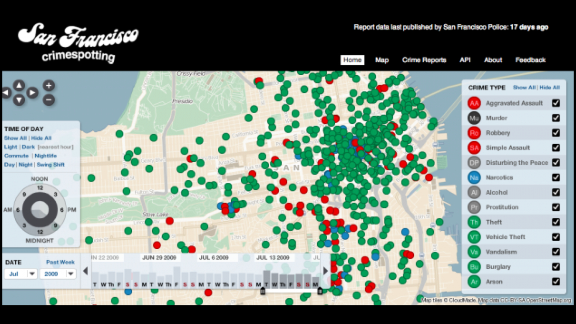 A slide showing a map of San Francisco with dots representing different crimes committed in those neighborhoods.