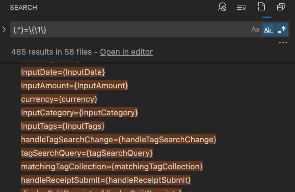 A screenshot of VSCode with a search term and its results showing React code.