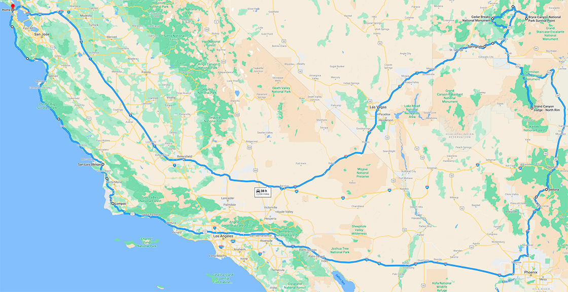 A map of my trip, from San Francisco to a number of national parks, then back up along the coast.