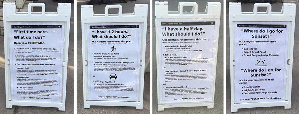 Sandwich boards showing advice for how to visit the park.